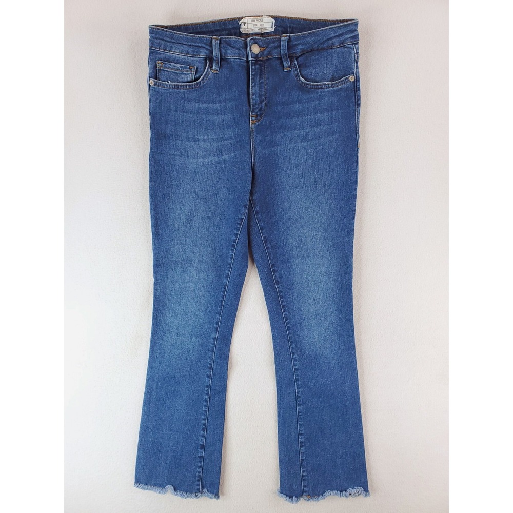 Free People Jean Womens 29 Blue Slim Bootcut Mid Rise Raw Hem Stretch Denim Pant